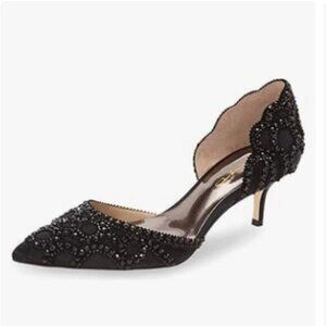Embellished Black Pointed Toe Kitten Heel Pump